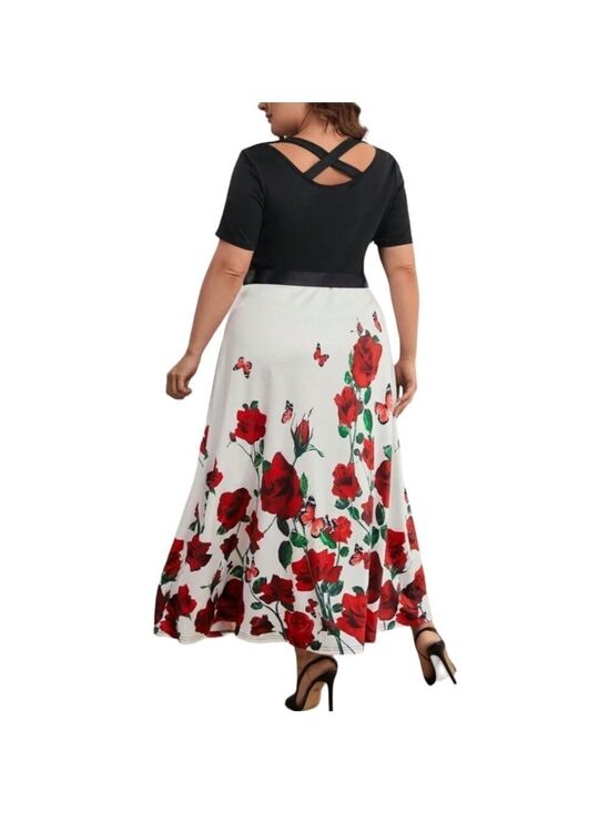 SHEIN Dresses & Skirts - Shein Maxi Black Top White Red Rose's Bottom Size 4XL
